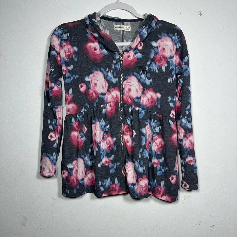 Abercrombie Kids Floral Rose gray Peplum Zip Up Hoodie Cardigan Size 13/14‎ NWOT